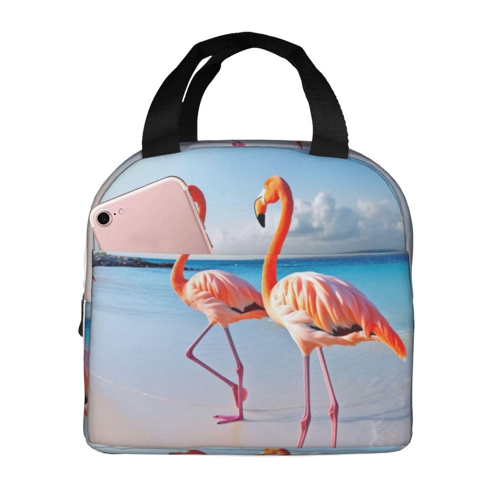 AdaNti Pink Flamingo on Beach print Lunch Bag Portable Insulated Reusable Tote Bag Lunch Box For Work Camping Travel Picnic