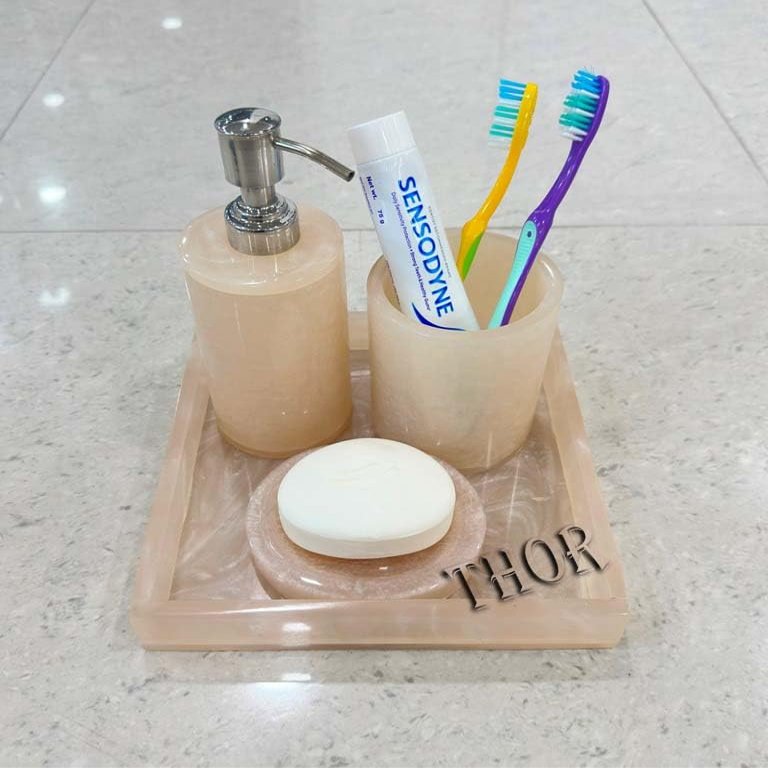 Modern Bathroom Accessories Set 4 Pcs Marble Look Bathroom Sets for Counter Top Restroom Apartment Decor Stuff Imitated Resin Kits Gift for Women and Men