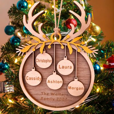 Personalized 2025 Christmas Ornaments, Customize 1-10 Names Christmas tree decoration Laser Engraved Names, Comes with a rope (10 Names, Antlers + golden foliage (most options))
