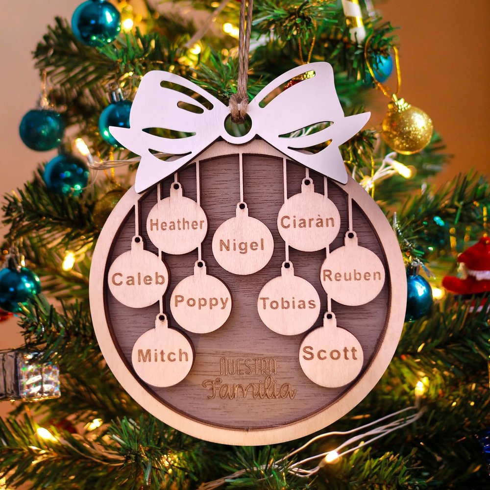 Personalized 2025 Christmas Ornaments, Customize 1-10 Names Christmas tree decoration Laser Engraved Names, Comes with a rope (6 Names, Pink bow (most options))