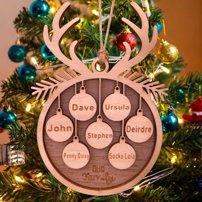 Personalized 2025 Christmas Ornaments, Customize 1-10 Names Christmas tree decoration Laser Engraved Names, Comes with a rope (8 Names, Staghorn+ Leaves)
