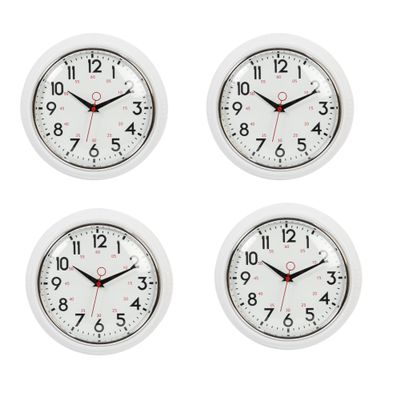 4 Pack Kiera Grace Vintage Decorative Small Round Plastic Analog Wall Clock for Home, Room, & Office, 9.5" x9.5" x 2.6", White,