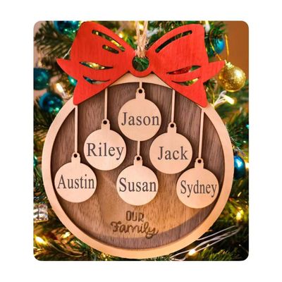 Personalized 2025 Christmas Ornaments, Customize 1-10 Names Christmas Tree Decoration Laser Engraved Names, Comes with a Rope (5 Names, Red Bow (Most Options))