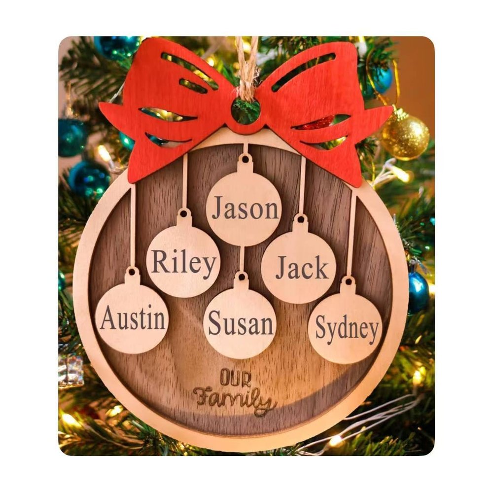 Personalized 2025 Christmas Ornaments, Customize 1-10 Names Christmas Tree Decoration Laser Engraved Names, Comes with a Rope (5 Names, Red Bow (Most Options))