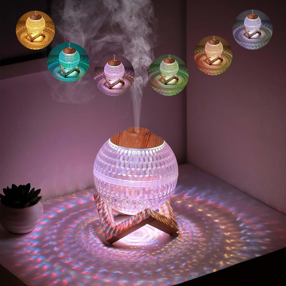 PRFECT Mini Colorful Night Light Crystal Ball Humidifier,2-in-1 Volume Silent Humidifier,Silent Humidification 2 Spray Modes,for Bedroom, Nursery, Office