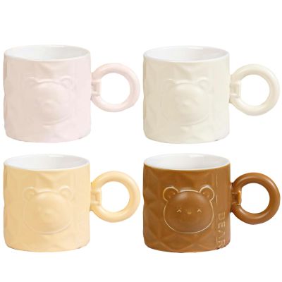 400ml/13.5oz Embossed Bear Ceramic Mug with Microwave Oven for Lovers, Cute Home Office Milk Coffee Cup for office home-Set of four