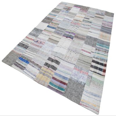 6'8" x 9'10" - 202 x 299 Cm Fourty Patch Grey Patchwork Bohemian Wool Cotton Handmade Handknotted Vintage Turkish Area Rug for Living Room Bedroom Nursery Hallway Indoor