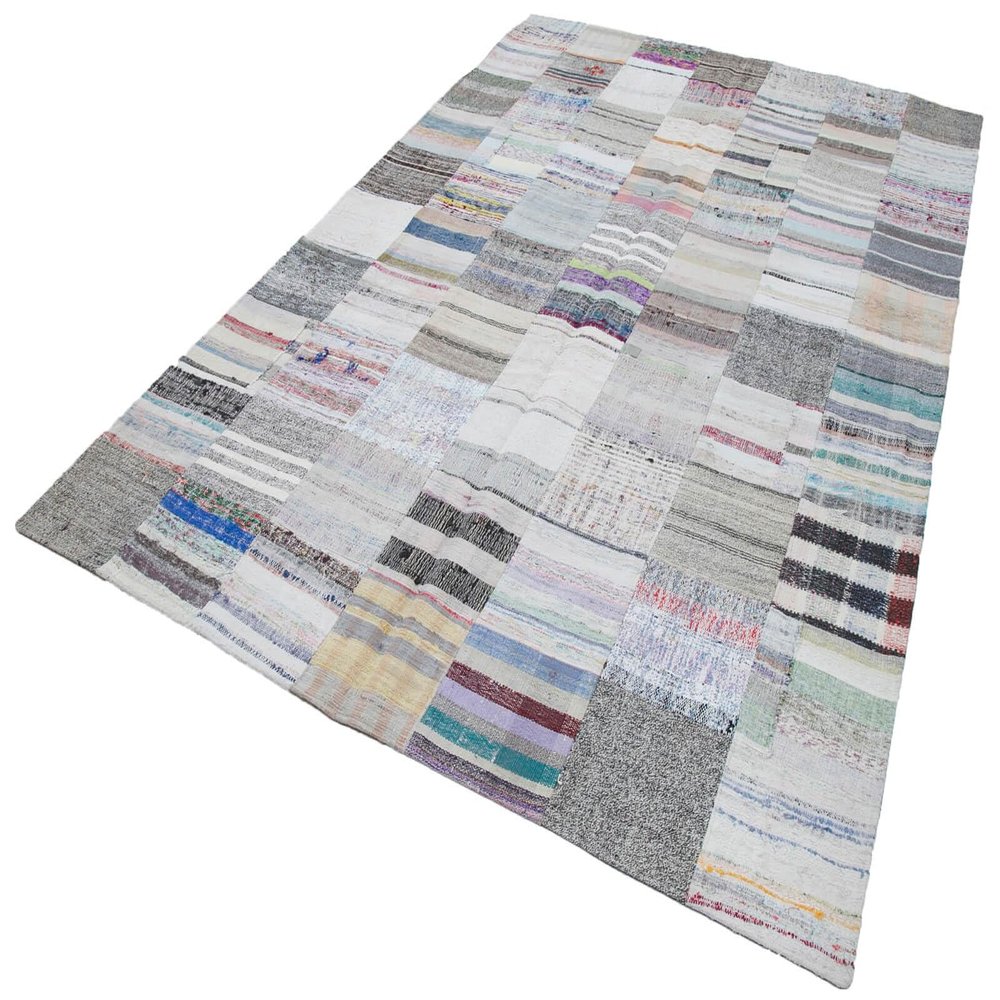 6'8" x 9'10" - 202 x 299 Cm Fourty Patch Grey Patchwork Bohemian Wool Cotton Handmade Handknotted Vintage Turkish Area Rug for Living Room Bedroom Nursery Hallway Indoor