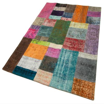 4'7" x 6'7" - 140 x 201 Cm Fourty Patch Blue Patchwork Bohemian Wool Cotton Handmade Handknotted Vintage Turkish Area Rug for Living Room Bedroom Nursery Hallway Indoor