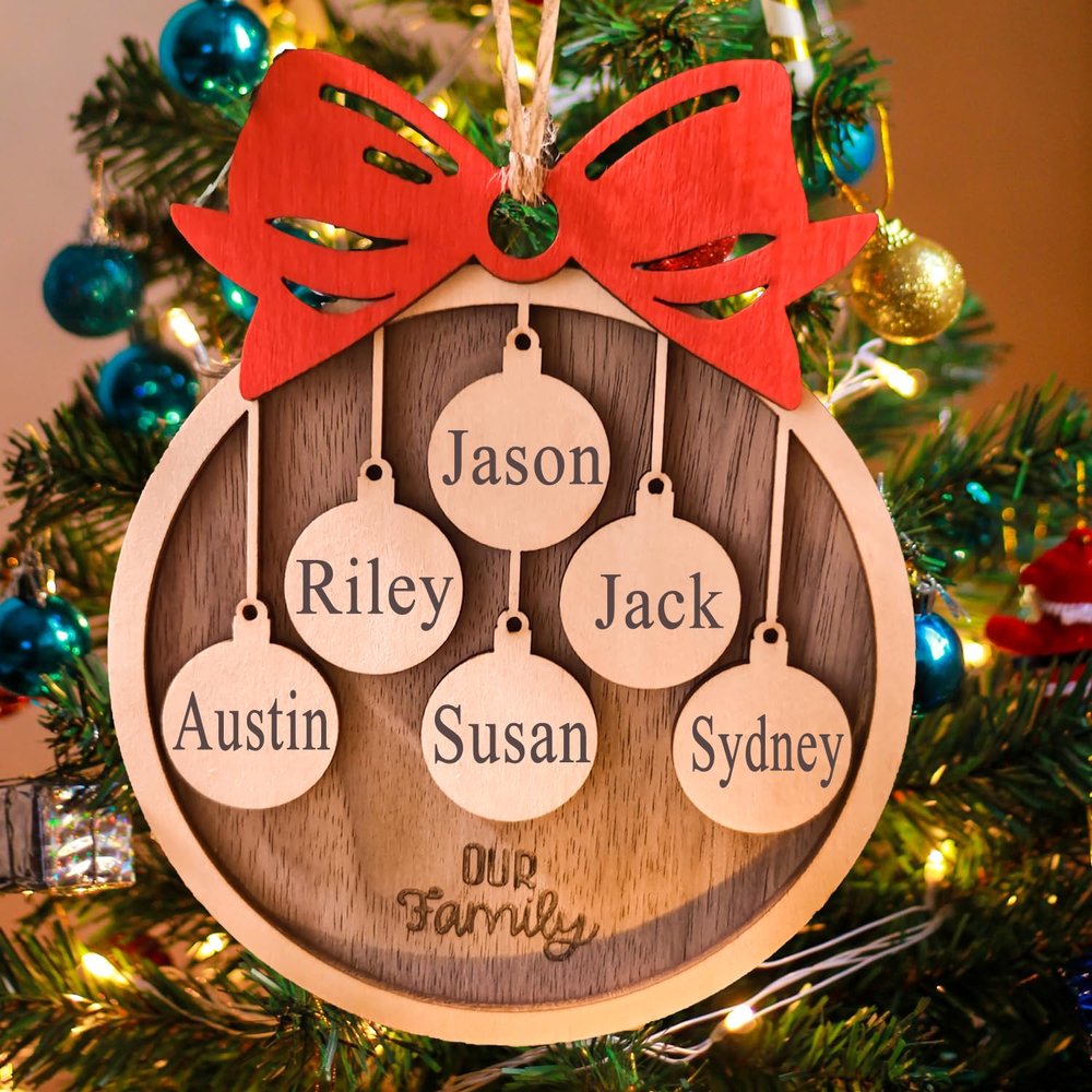 Personalized 2025 Christmas Ornaments, Customize 1-10 Names Christmas tree decoration Laser Engraved Names, Comes with a rope (10 Names, Red bow (most options))