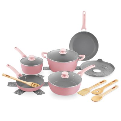 DASH Dream Green Nonstick Ceramic Cookware Set, 15 Piece, Pink - Recycled Aluminum and Ceramic, Nonstick Cookware Set, Oven Safe and Compatible with All Cooktops