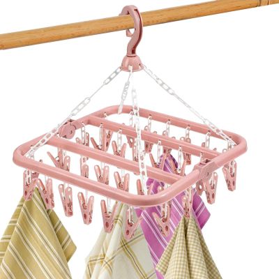 Foldable Clip and Drip Hanger - 1/2 Foldable Clip Hangers with 32 Drying Clips,Foldable Drying Rack with 32 Clips for Drying Socks Lingerie Baby Clothes Drying Towels Rotatable Sock Drying Rack