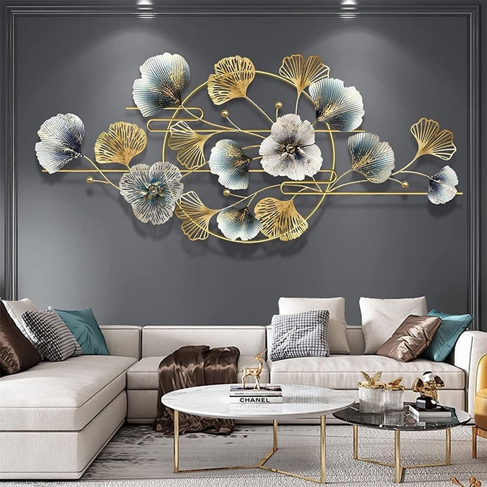 ALKANI Metal Wall Art Decor Luxury Ginkgo Leaf Wall Decor Wrought Iron Wall Hanging Creative Ginkgo Leaf Art Hanging 3D Art Sculpture Background Wall Sculptures for Home Bedroom