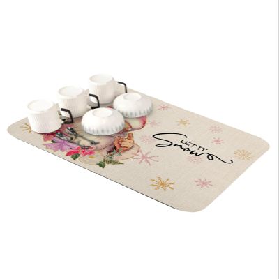 Christmas Dish Drying Stone Mat for Kitchen Counter, Absorbent Dish Mat Cute Santa Claus with Snowflakes Beige Microfiber Non-Slip Coffee Mat Diatomaceous Earth Mat for Coffee Bar, 16 Inch x 24 Inch