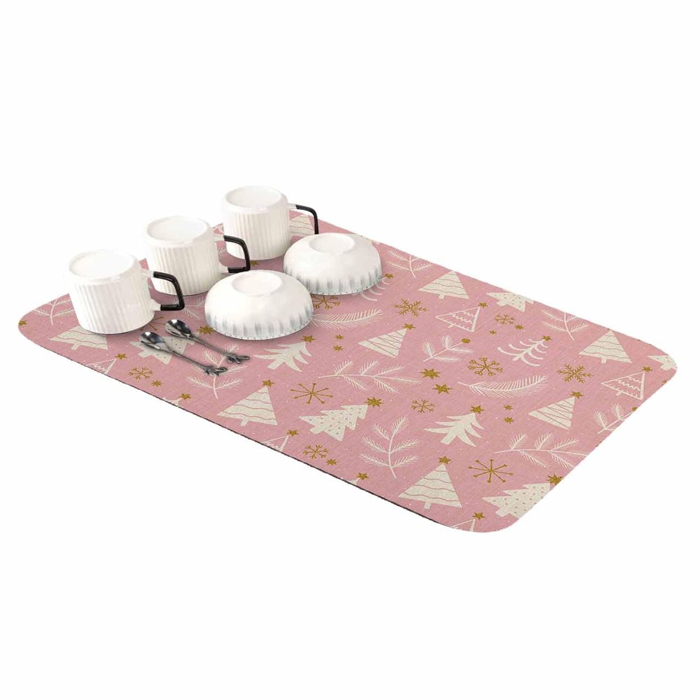 Christmas Dish Drying Stone Mat for Kitchen Counter, Absorbent Dish Mat Pink Tree Painting Cotton and Linen Texture Microfiber Non-Slip Coffee Mat Diatomaceous Earth Mat for Bar, 16 Inch x 24 Inch