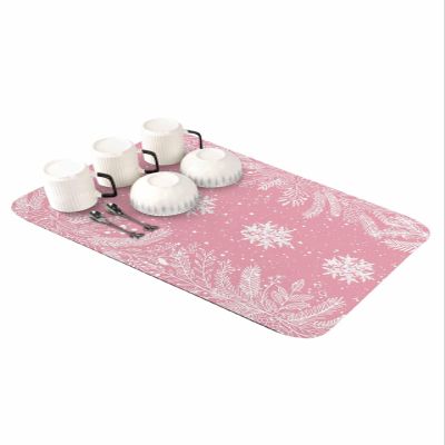 Christmas Dish Drying Stone Mat for Kitchen Counter, Absorbent Dish Mat Snowflakes with Plants Pink Texture Microfiber Non-Slip Coffee Mat Diatomaceous Earth Mat for Coffee Bar, 16 Inch x 24 Inch