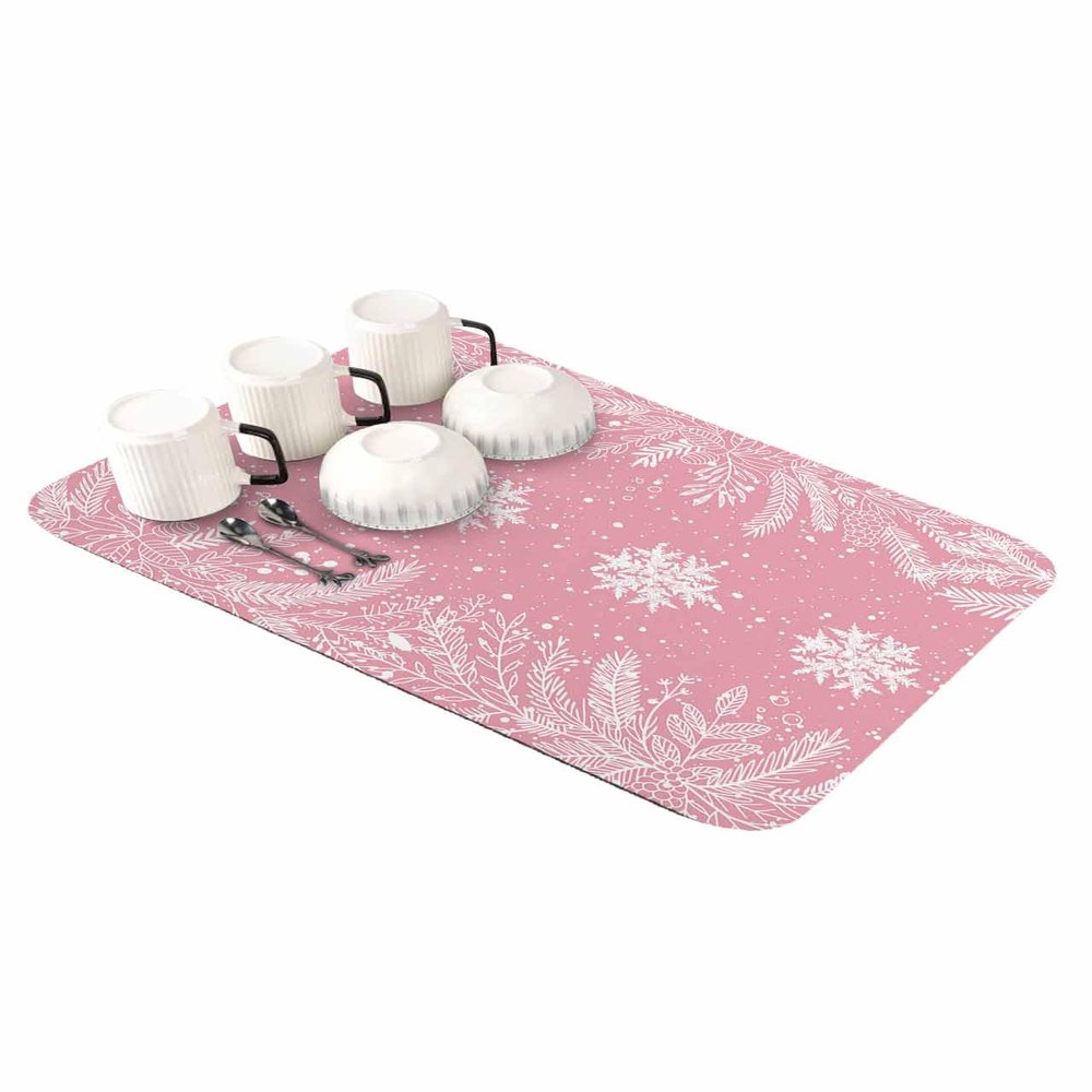 Christmas Dish Drying Stone Mat for Kitchen Counter, Absorbent Dish Mat Snowflakes with Plants Pink Texture Microfiber Non-Slip Coffee Mat Diatomaceous Earth Mat for Coffee Bar, 16 Inch x 24 Inch