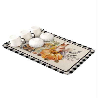 Thanksgiving Dish Drying Stone Mat for Kitchen Counter, Absorbent Dish Mat Fall Pumpkin Squirrel Hazelnuts Black Plaid Microfiber Non-Slip Coffee Mat Diatomaceous Earth Mat for Bar, 12 Inch x 16 Inch