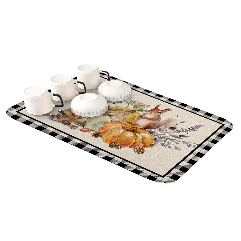 Thanksgiving Dish Drying Stone Mat for Kitchen Counter, Absorbent Dish Mat Fall Pumpkin Squirrel Hazelnuts Black Plaid Microfiber Non-Slip Coffee Mat Diatomaceous Earth Mat for Bar, 12 Inch x 16 Inch