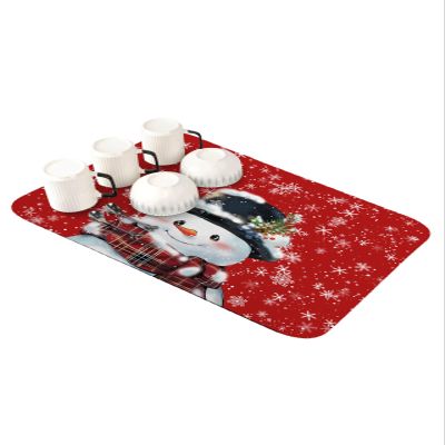 Christmas Dish Drying Stone Mat for Kitchen Counter, Absorbent Dish Mat Snowman with Snowflakes Red Texture Microfiber Non-Slip Coffee Mat Diatomaceous Earth Mat for Coffee Bar, 16 Inch x 24 Inch