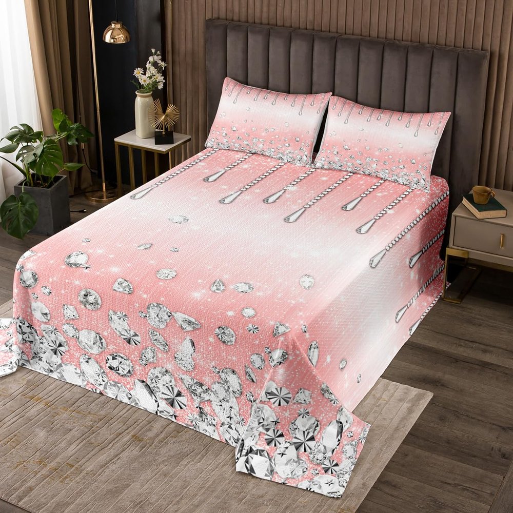 Geometric Ombre Stripes Bedspread King Size,Silver Glitter Sequin Diamond Coverlet Set,Kids Girls Boys Adults Room Decor,Princess Dreamy Quilted Coverlet,Pink Romantic Bedding Quilt,2 Pillowcases