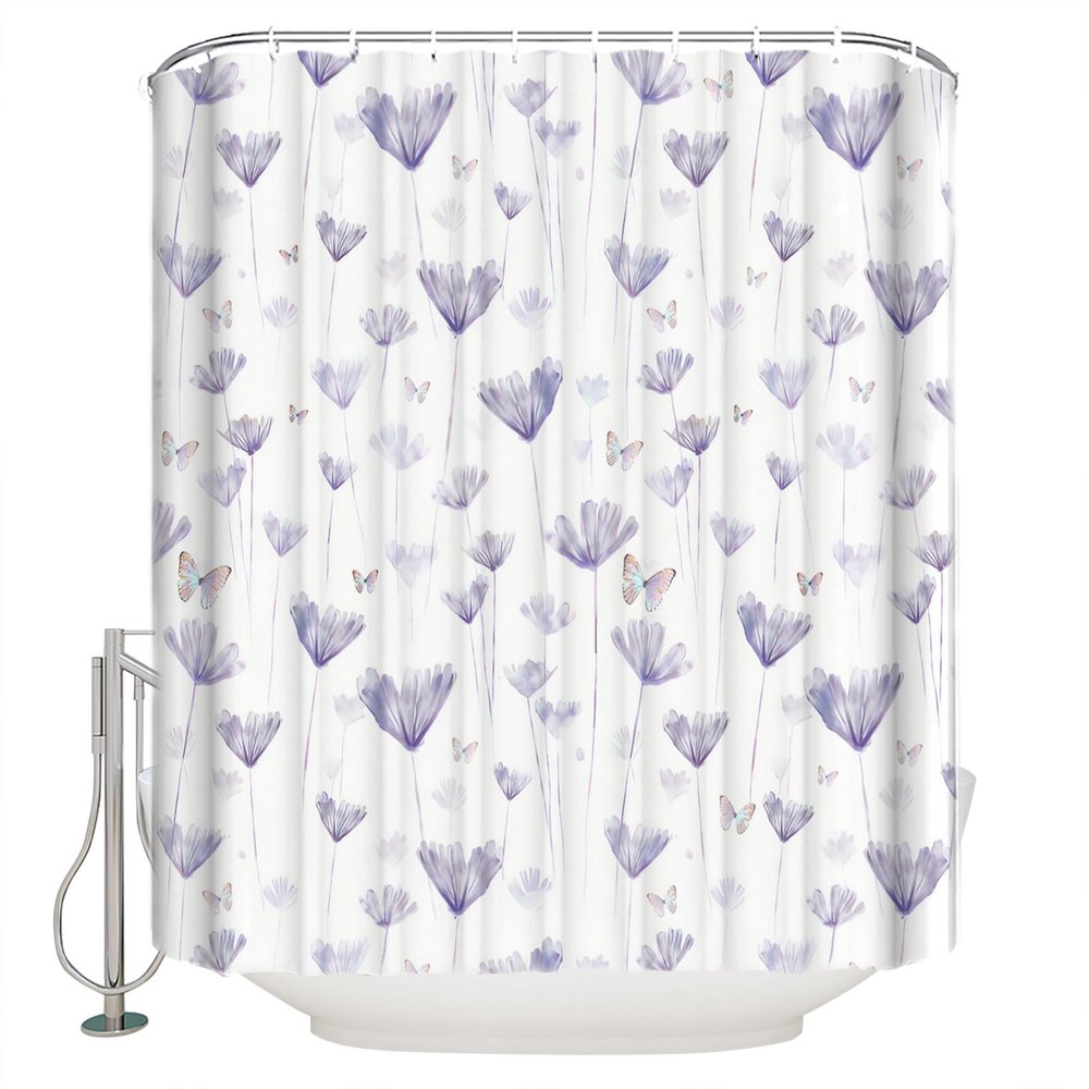 Flower Shower Curtain for Bathroom 72" x 84" Purple Flower Butterfly Shower Curtain with Hooks Polyester Waterproof Home Bathtub Decor