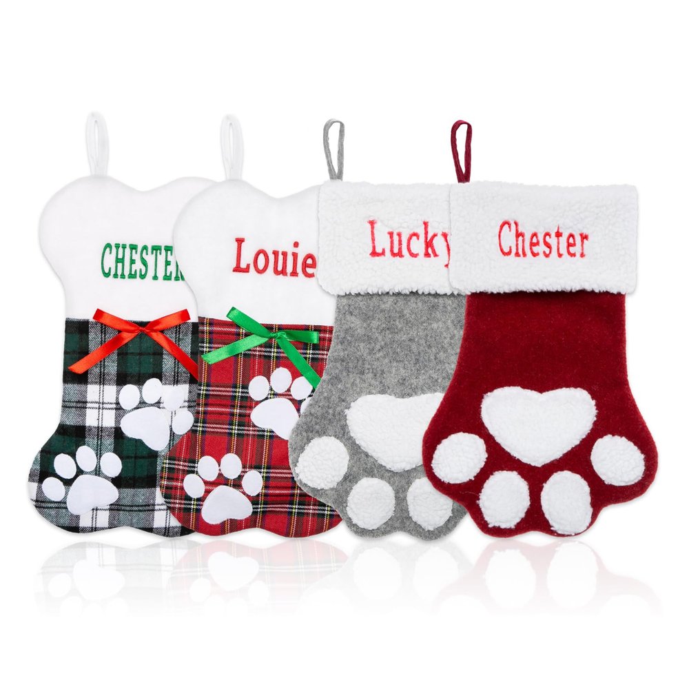 Personalized Christmas Stockings Dogs Cats Custom Name 18 Inches Custom Embroidered Name Pet Paw Large Bone Shape Xmas Stockings for Kids,Fireplace Hanging Holiday Party,Family Xmas Decoration5pcs