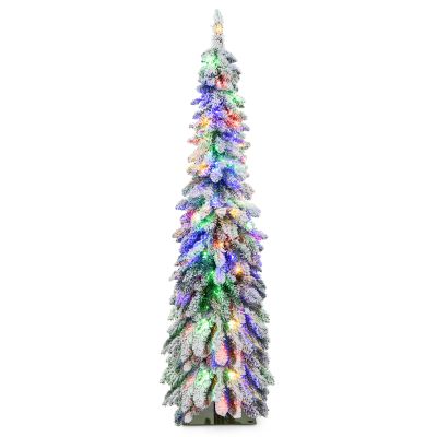 Goplus 5ft Pre-Lit Flocked Pencil Christmas Tree, Artificial Slim Xmas Tree with 334 PVC Branch Tips, 150 LED Lights, 2 Lighting Colors, Timer & 11 Modes, for Indoor Home Office Decor