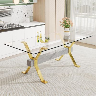 Modern Tempered Glass Dining Table, Large 78.74" Glass Dining Kitchen Table with Gold Plated Metal Legs and MDF Crossbars for 6-8 People, Modern Dining Room Table for Kitchen Home Office