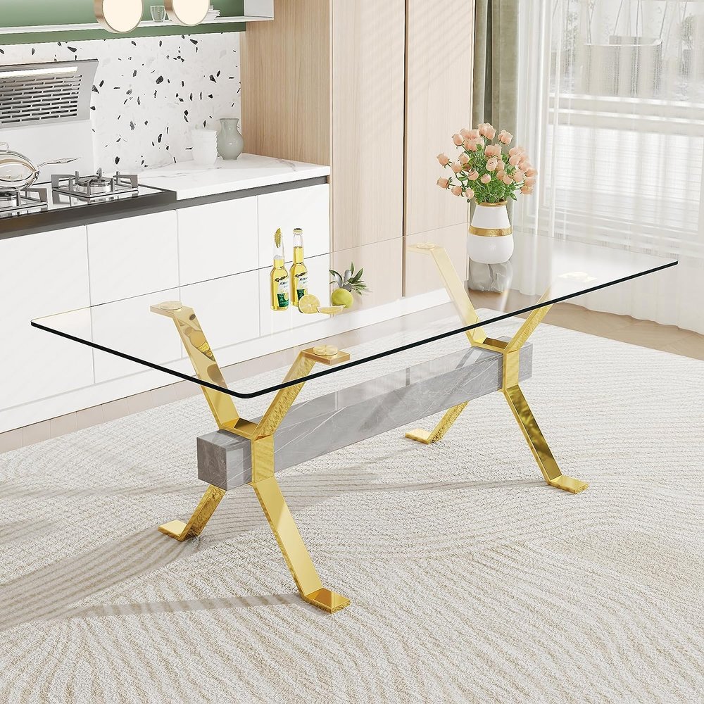 Modern Tempered Glass Dining Table, Large 78.74" Glass Dining Kitchen Table with Gold Plated Metal Legs and MDF Crossbars for 6-8 People, Modern Dining Room Table for Kitchen Home Office