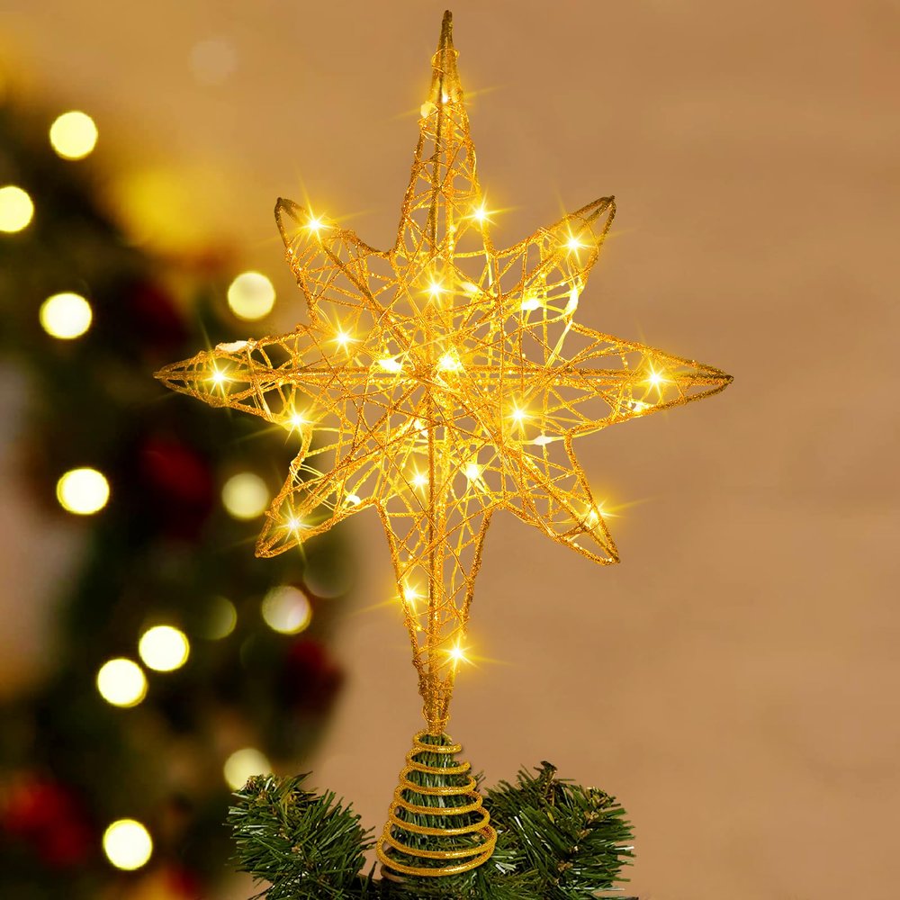 DULEFUN Christmas Tree Topper Lighted 13.5 Gold Star Tree Toppers with 20 LED Lights Christmas Tree Top Ornament for New Year Holiday Home Office Indoor Decorations