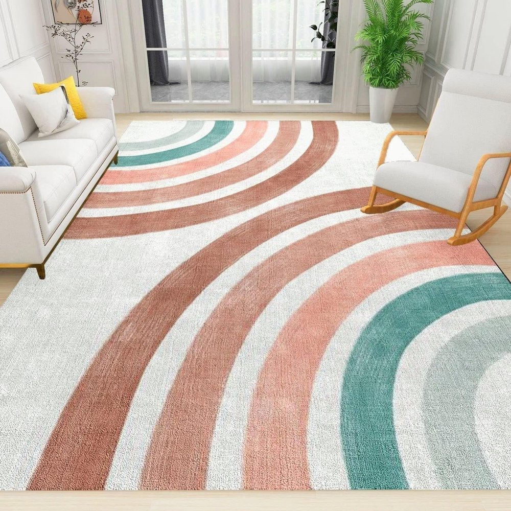 ELLECO Boho Geometry Rainbow Area Rugs, Modern Mid Century Style Indoor Non-Slip Kids Rug, Upholstery Rug with Non-Slip Backing for Kids Boys Girls Bedroom Living Room Dining Room Study 3ftx5ft