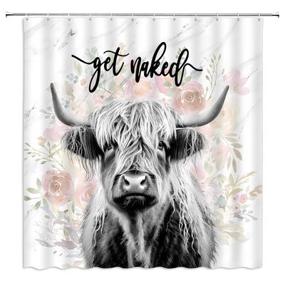 ZWSMZW Highland Cow Shower Curtain Rustic Cattle Bull Watercolor Floral Marble Background Western Wild Animal Country Farmhouse Bathroom Decor Fabric Curtains with Hooks