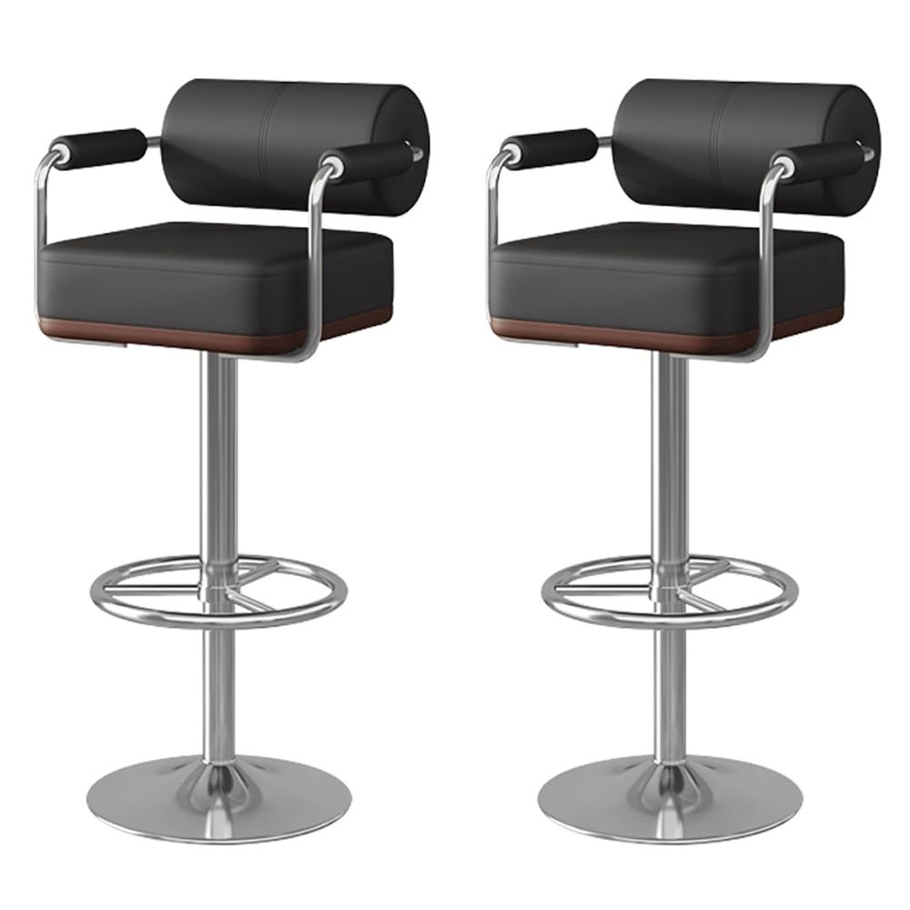schenke Set of 2 Bar Stools with Back and Footrest,Faux Leather Bar Chair Adjustable Swivel,Counter Height Barstools for Kitchen Island Dining(Silver feet, Black)