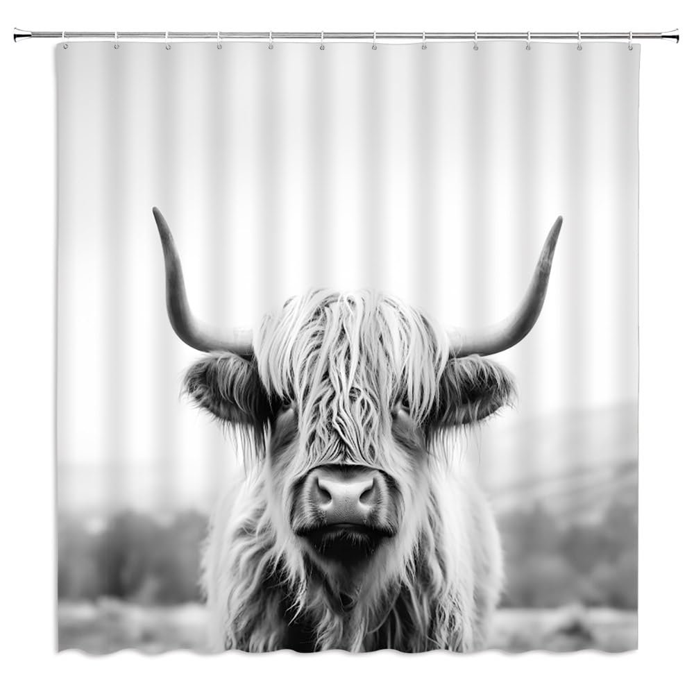 ZWSMZW Highland Cow Shower Curtain Rustic Cattle Bull Western Wild Animal Country Farmhouse Funny Cabin Grey Bathroom Decor Fabric Curtains with Hooks