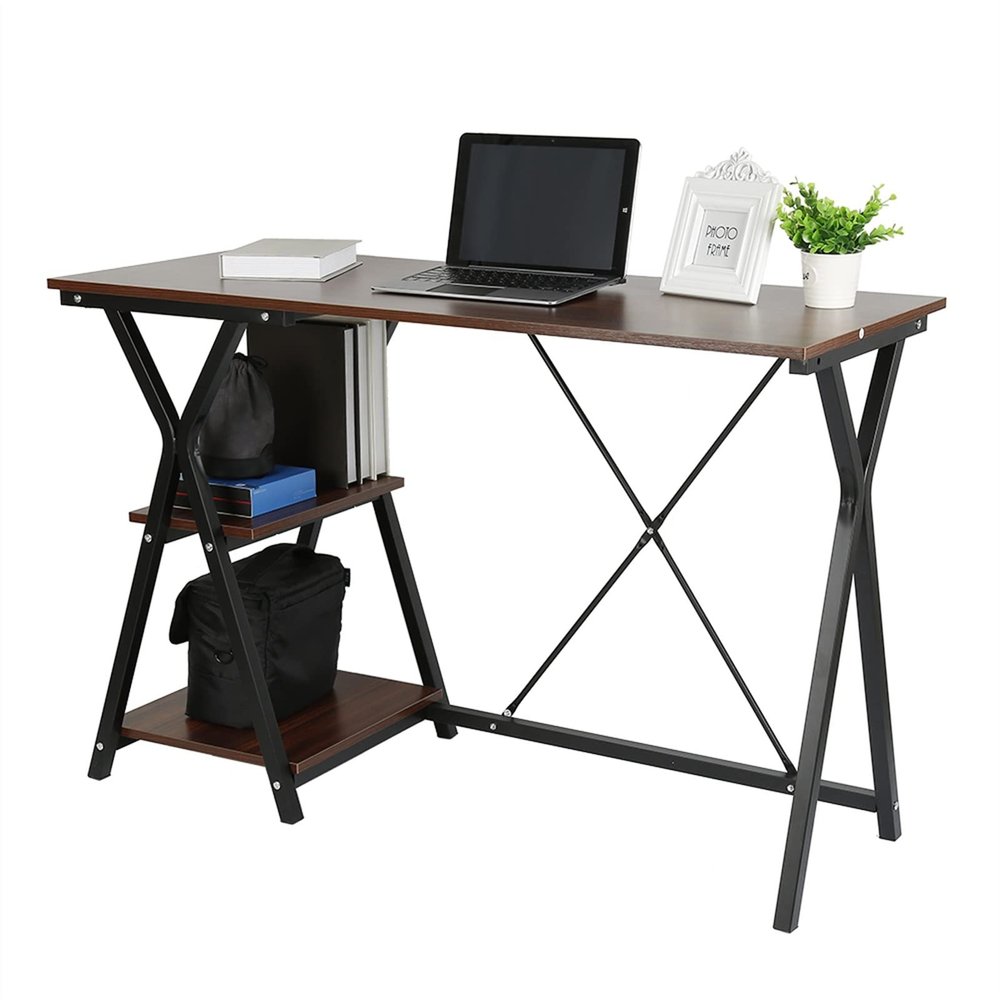 BinOxy Computer Desk/Writing Desk Simple Style Modern Home Office PC Desk Industrial PC Laptop Table with 2-Tier Storage Shelves 47.2" Sturdy Office Writing Workstation, Brown PC Table Study Table