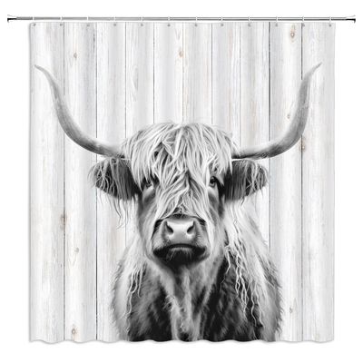 ZWSMZW Highland Cow Shower Curtain Grey Cattle Bull Western Wild Animal Rustic Country Farmhouse Wooden Board Bathroom Decor Fabric Curtains with Hooks