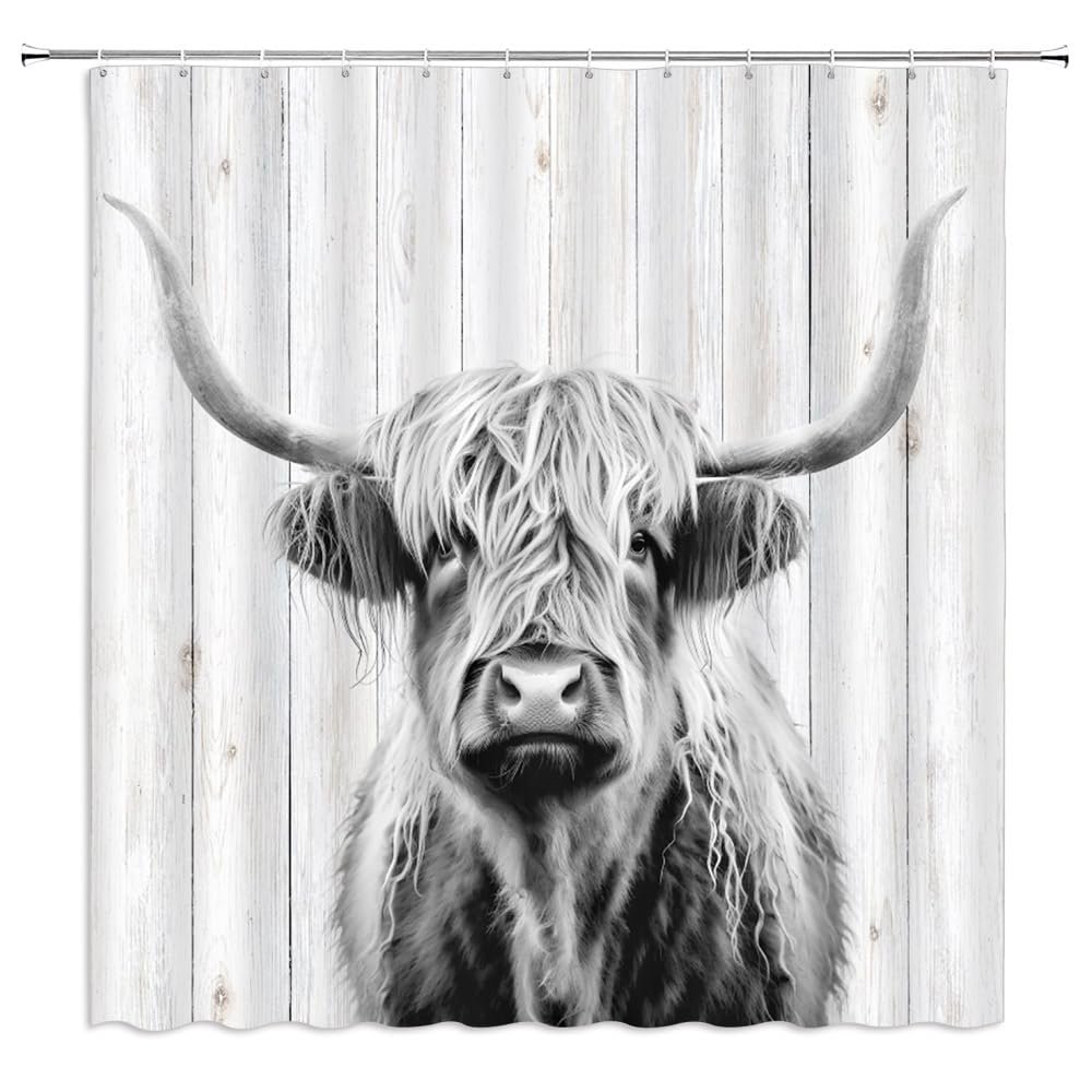 ZWSMZW Highland Cow Shower Curtain Grey Cattle Bull Western Wild Animal Rustic Country Farmhouse Wooden Board Bathroom Decor Fabric Curtains with Hooks
