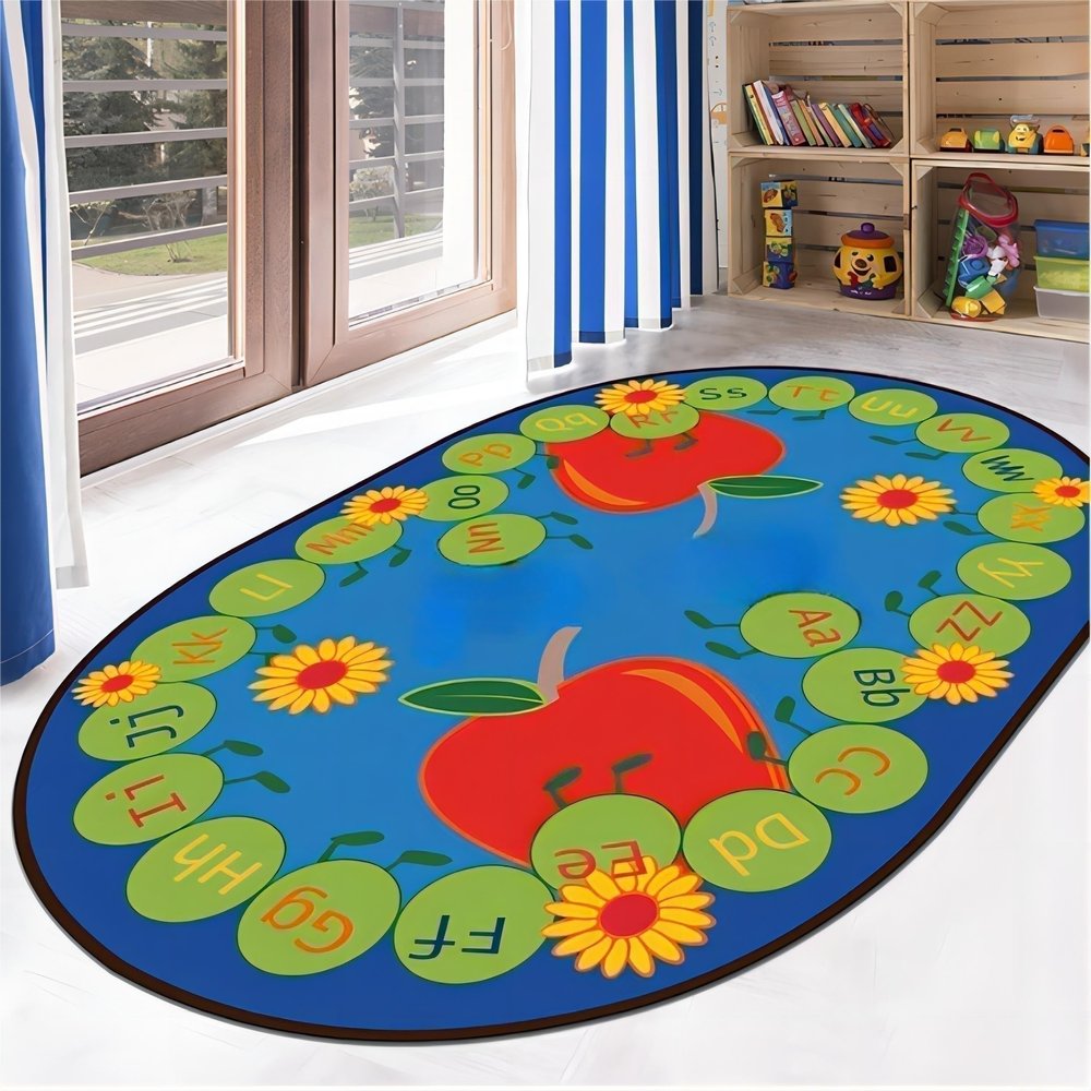 Kids Playroom Area Rug, 5x8ft, Sunflower Apple Print Classroom Rug, Colorful Alphabet ABC Rug for Learning Letters, Colors, Fruits, Flowers  Baby Rug, Children's Rug Non-Slip Washable Rugs