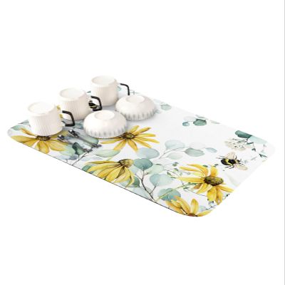 Chrysanthemum Eucalyptus Dish Drying Mat for Kitchen Counter, Absorbent Quick Dry Coffee Bar Mat Pad Thin Diatomaceous Sink Mat Non Slip Dish Drainer Mat 16''x18'' Rustic Vintage Farmhouse Leaves