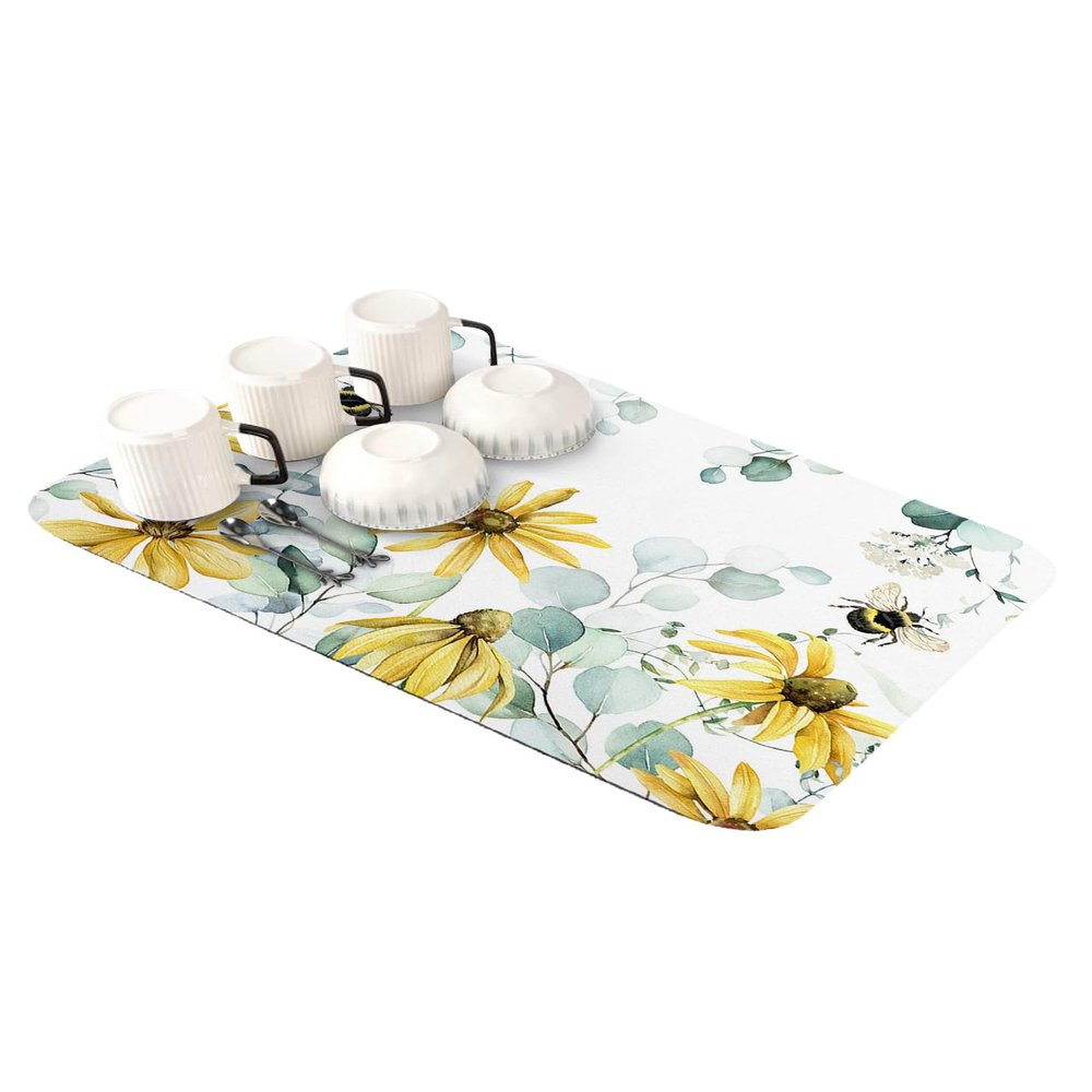 Chrysanthemum Eucalyptus Dish Drying Mat for Kitchen Counter, Absorbent Quick Dry Coffee Bar Mat Pad Thin Diatomaceous Sink Mat Non Slip Dish Drainer Mat 16''x18'' Rustic Vintage Farmhouse Leaves