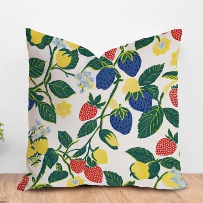 MangGou Summer Lemon Strawberry Garden Cushion Covers Red Yellow Blue Strawberry Fruit Sofa Pillow Cover Japanese Chinoiserie Accent Pillow Double Side Print Pillow 18x18in White Linen