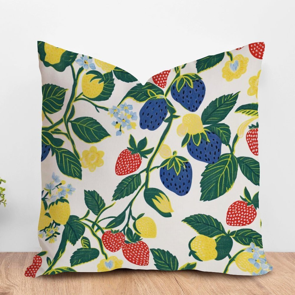 MangGou Summer Lemon Strawberry Garden Cushion Covers Red Yellow Blue Strawberry Fruit Sofa Pillow Cover Japanese Chinoiserie Accent Pillow Double Side Print Pillow 18x18in White Linen