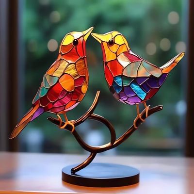 CrusJia Stained Glass Birds on Branch Desktop Ornaments, Stained Acrylic Double Sided Multicolor Hummingbird Craft Statue, Metal Art Bird Sculpture - Discover The Enchanting World of Nature (Love)