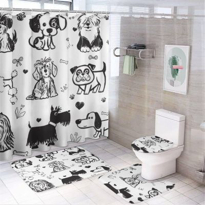 Cute Dog 4 Pieces Shower Curtain Set,Abstract Black & White Animal Dog Paw Non-Slip Rugs Toilet Lid Cover Bath Mat and Bathroom Curtain