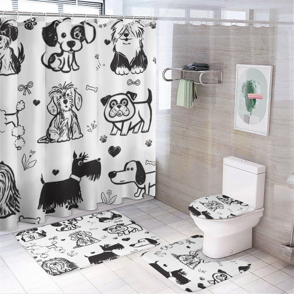 Cute Dog 4 Pieces Shower Curtain Set,Abstract Black & White Animal Dog Paw Non-Slip Rugs Toilet Lid Cover Bath Mat and Bathroom Curtain