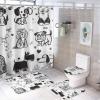 Cute Dog 4 Pieces Shower Curtain Set,Abstract Black & White Animal Dog Paw Non-Slip Rugs Toilet Lid Cover Bath Mat and Bathroom Curtain view 1