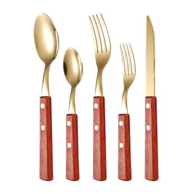 Stainless Steel Spoon Rosewood Handle Cutlery Knife Fork Spoon 5 Pieces Set Steak Knife and Fork