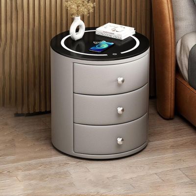 WZDHYYWS Smart Nightstand with Wireless Charging Station, Smart Side Table, Modern Nightstand with Tri-Color LED Light, Bedroom Side Table, Sofa Table, Storage Drawer.,Gray,3 Floors