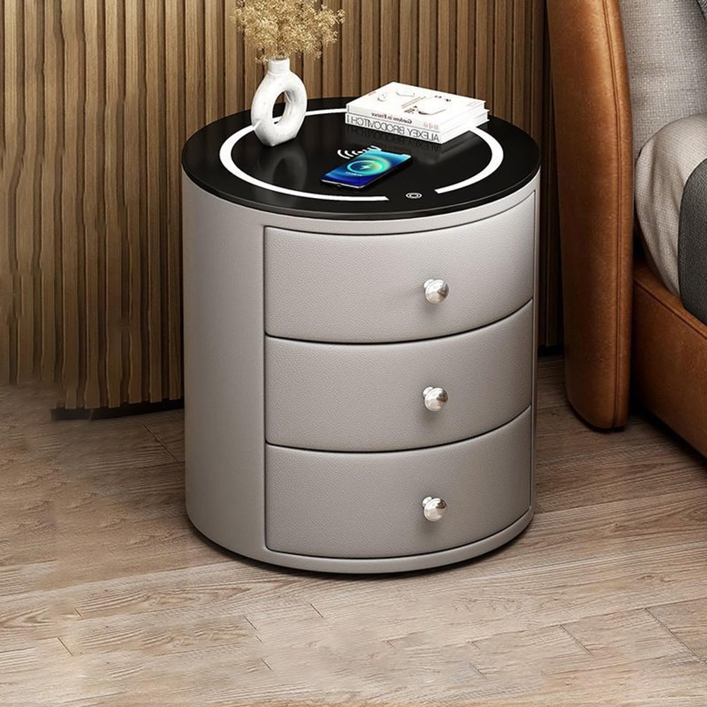 WZDHYYWS Smart Nightstand with Wireless Charging Station, Smart Side Table, Modern Nightstand with Tri-Color LED Light, Bedroom Side Table, Sofa Table, Storage Drawer.,Gray,3 Floors